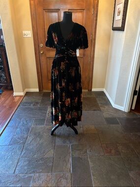 Black Velvet Floral Midi Dress by Anthropologie